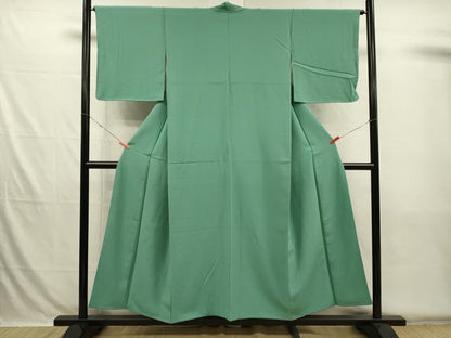 平和屋着物■上質な色無地　霞地紋　花緑青色　正絹　逸品　DABH5739ya