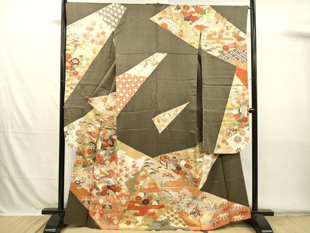 平和屋着物■豪華振袖　駒刺繍　扇面御所車飛鶴花松文　鴛鴦　金彩　正絹　逸品　DABH5746ya