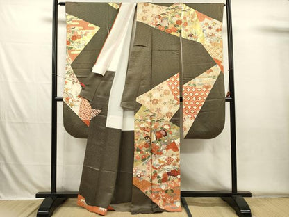 平和屋着物■豪華振袖　駒刺繍　扇面御所車飛鶴花松文　鴛鴦　金彩　正絹　逸品　DABH5746ya