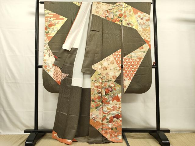 平和屋着物■豪華振袖　駒刺繍　扇面御所車飛鶴花松文　鴛鴦　金彩　正絹　逸品　DABH5746ya