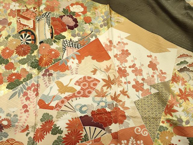 平和屋着物■豪華振袖　駒刺繍　扇面御所車飛鶴花松文　鴛鴦　金彩　正絹　逸品　DABH5746ya
