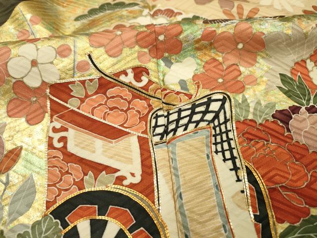 平和屋着物■豪華振袖　駒刺繍　扇面御所車飛鶴花松文　鴛鴦　金彩　正絹　逸品　DABH5746ya