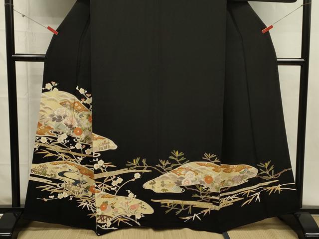 平和屋着物■豪華黒留袖　駒刺繍　草花文　松竹梅　金彩　正絹　逸品　DABH5764ya