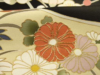 平和屋着物■豪華黒留袖　駒刺繍　草花文　松竹梅　金彩　正絹　逸品　DABH5764ya