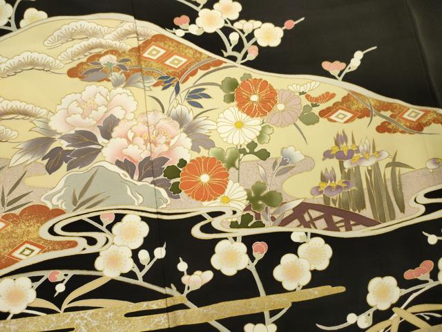 平和屋着物■豪華黒留袖　駒刺繍　草花文　松竹梅　金彩　正絹　逸品　DABH5764ya