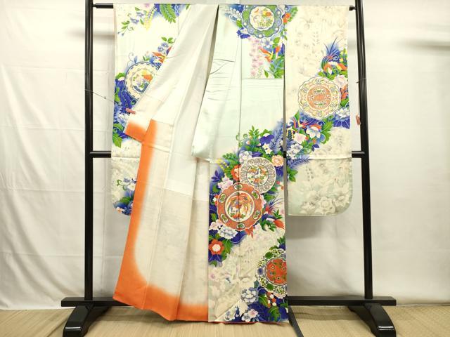 平和屋着物■豪華振袖　駒刺繍　絵皿鳳凰花文　暈し染め　金彩　正絹　逸品　DABH5775ya