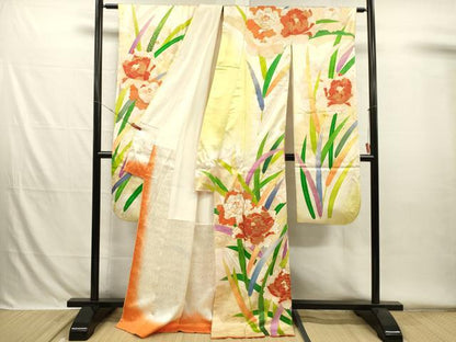 平和屋着物■豪華振袖　駒刺繍　草花文　牡丹　暈し染め　金彩　正絹　逸品　DABH5777ya