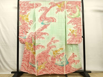 平和屋着物■豪華振袖　駒刺繍　飛鶴立波文　鹿の子　暈し染め　金彩　正絹　逸品　DABH5779ya