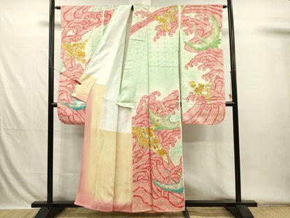 平和屋着物■豪華振袖　駒刺繍　飛鶴立波文　鹿の子　暈し染め　金彩　正絹　逸品　DABH5779ya