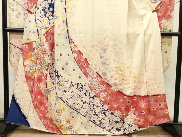 平和屋着物■紫綬褒章　巨匠『岩田専太郎』　振袖　駒刺繍　孔雀羽花文　金彩　正絹　逸品　DABH5780ya