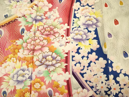 平和屋着物■紫綬褒章　巨匠『岩田専太郎』　振袖　駒刺繍　孔雀羽花文　金彩　正絹　逸品　DABH5780ya