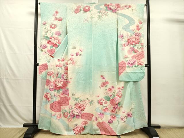 平和屋着物■豪華振袖　絞り　流水牡丹花文　暈し染め　銀彩　正絹　逸品　DABH5782ya