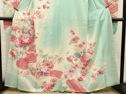 平和屋着物■豪華振袖　絞り　流水牡丹花文　暈し染め　銀彩　正絹　逸品　DABH5782ya