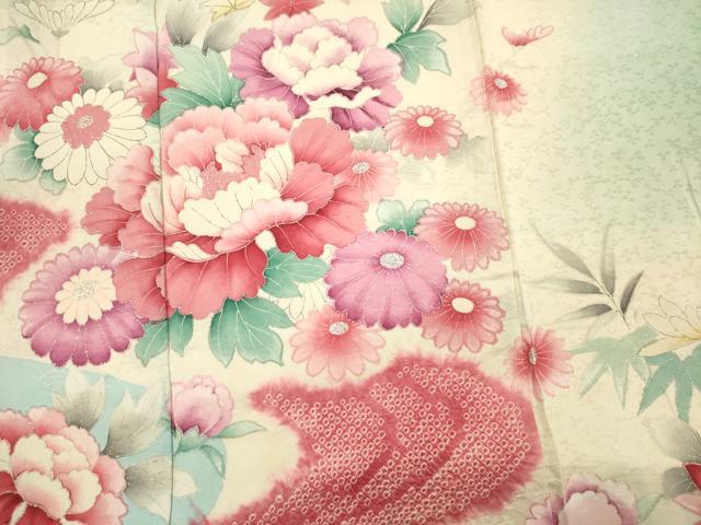 平和屋着物■豪華振袖　絞り　流水牡丹花文　暈し染め　銀彩　正絹　逸品　DABH5782ya