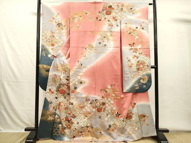 平和屋着物■豪華振袖　雪輪舞蝶花文　暈し染め　金彩　正絹　逸品　DABH5787ya