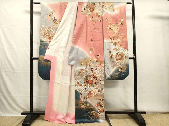 平和屋着物■豪華振袖　雪輪舞蝶花文　暈し染め　金彩　正絹　逸品　DABH5787ya