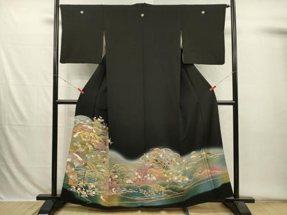 平和屋着物■豪華黒留袖　駒刺繍　渡橋扇面花文　鴛鴦　松竹梅　暈し染め　金彩　正絹　逸品　DABH5796ya