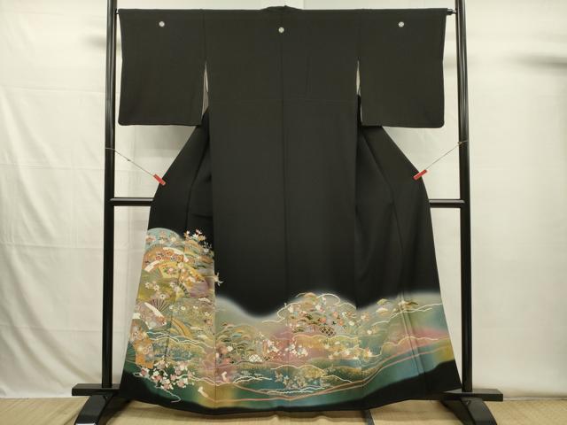 平和屋着物■豪華黒留袖　駒刺繍　渡橋扇面花文　鴛鴦　松竹梅　暈し染め　金彩　正絹　逸品　DABH5796ya