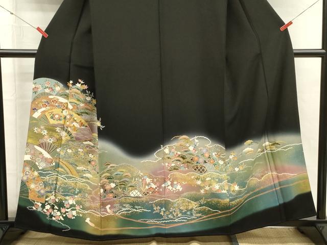 平和屋着物■豪華黒留袖　駒刺繍　渡橋扇面花文　鴛鴦　松竹梅　暈し染め　金彩　正絹　逸品　DABH5796ya