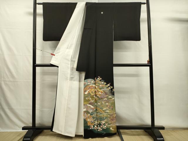 平和屋着物■豪華黒留袖　駒刺繍　渡橋扇面花文　鴛鴦　松竹梅　暈し染め　金彩　正絹　逸品　DABH5796ya