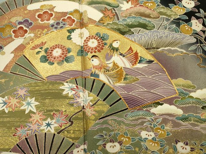 平和屋着物■豪華黒留袖　駒刺繍　渡橋扇面花文　鴛鴦　松竹梅　暈し染め　金彩　正絹　逸品　DABH5796ya