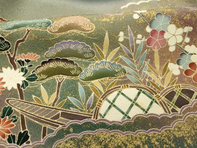 平和屋着物■豪華黒留袖　駒刺繍　渡橋扇面花文　鴛鴦　松竹梅　暈し染め　金彩　正絹　逸品　DABH5796ya