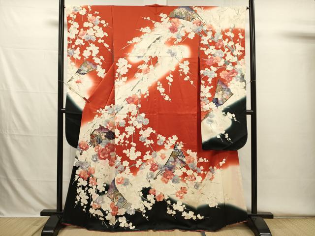 平和屋着物■豪華振袖　扇面御所車花鳥文　枝垂れ花　暈し染め　金彩　正絹　逸品　DABH5803ya