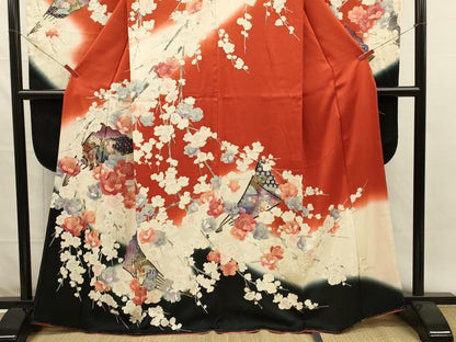 平和屋着物■豪華振袖　扇面御所車花鳥文　枝垂れ花　暈し染め　金彩　正絹　逸品　DABH5803ya