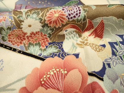 平和屋着物■豪華振袖　扇面御所車花鳥文　枝垂れ花　暈し染め　金彩　正絹　逸品　DABH5803ya