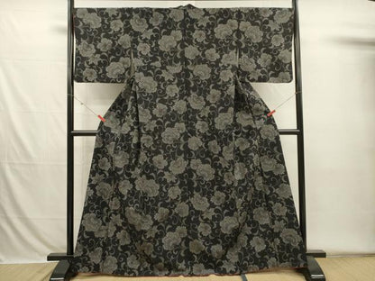 平和屋着物■上質な紬　花唐草文　黒地　正絹　逸品　DABH5826ya