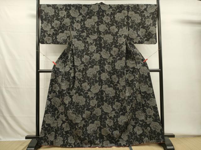 平和屋着物■上質な紬　花唐草文　黒地　正絹　逸品　DABH5826ya