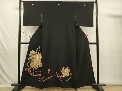平和屋着物■豪華黒留袖　総刺繍　駒刺繍　山車　金彩　正絹　逸品　DABH5836ya