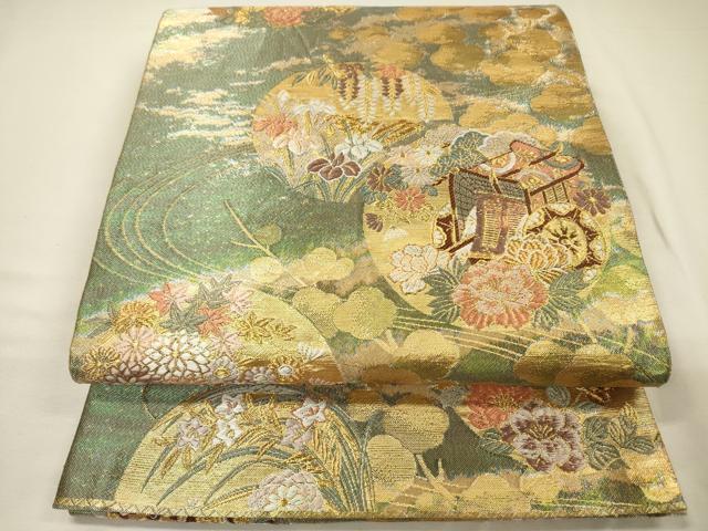 平和屋着物◎六通柄袋帯　唐織　御所車花文　金糸　引箔　正絹　逸品　DABH5852ya