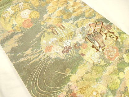 平和屋着物◎六通柄袋帯　唐織　御所車花文　金糸　引箔　正絹　逸品　DABH5852ya