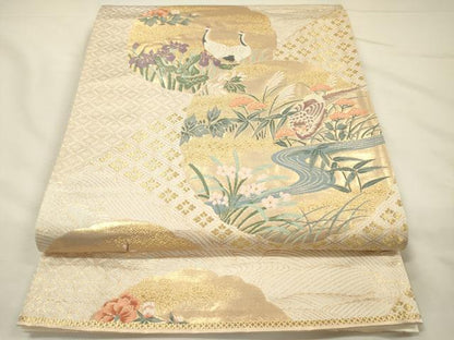 平和屋着物◎六通柄袋帯　唐織　花鳥風景文　金糸　正絹　逸品　DABH5856ya