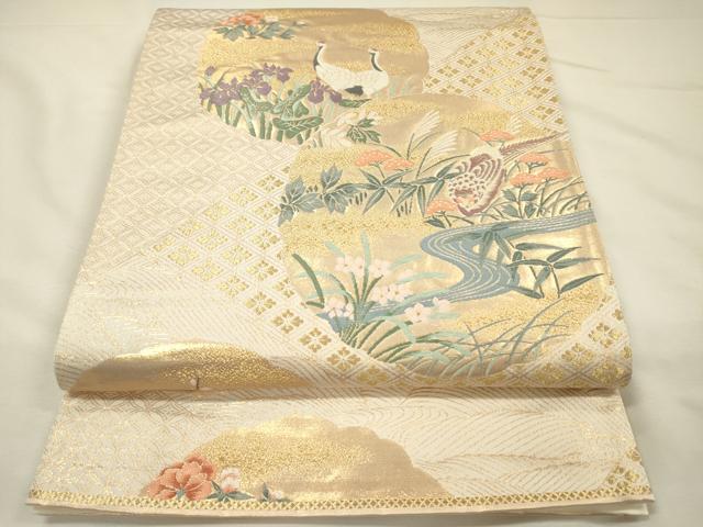 平和屋着物◎六通柄袋帯　唐織　花鳥風景文　金糸　正絹　逸品　DABH5856ya