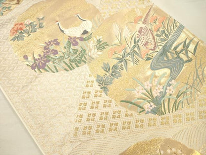 平和屋着物◎六通柄袋帯　唐織　花鳥風景文　金糸　正絹　逸品　DABH5856ya
