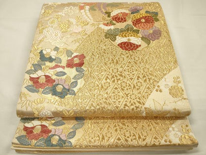平和屋着物◎六通柄袋帯　唐織　草花丸文　金糸　正絹　逸品　DABH5858ya