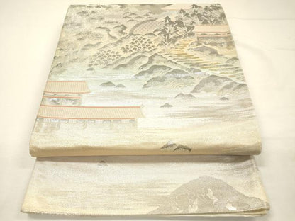 平和屋着物◎六通柄袋帯　風景文　錦プラチナ箔　正絹　逸品　DABH5860ya