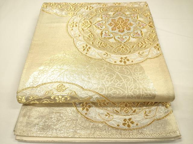 平和屋着物◎六通柄袋帯　花絵皿文　金銀糸　正絹　逸品　DABH5863ya