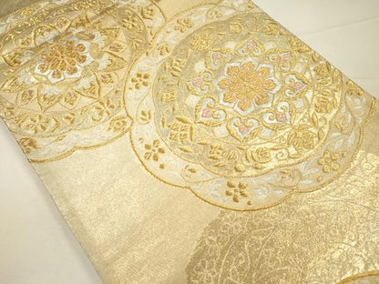 平和屋着物◎六通柄袋帯　花絵皿文　金銀糸　正絹　逸品　DABH5863ya