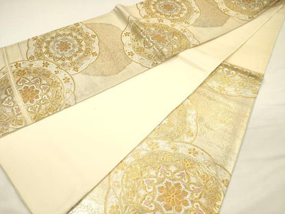平和屋着物◎六通柄袋帯　花絵皿文　金銀糸　正絹　逸品　DABH5863ya