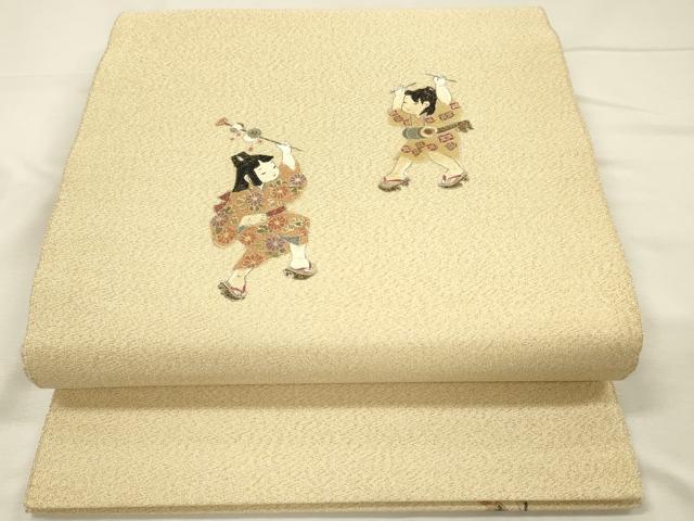 平和屋着物◎綴れ　太鼓柄袋帯　童子遊び　金糸　正絹　逸品　DABH5867ya