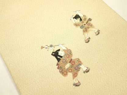 平和屋着物◎綴れ　太鼓柄袋帯　童子遊び　金糸　正絹　逸品　DABH5867ya