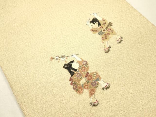 平和屋着物◎綴れ　太鼓柄袋帯　童子遊び　金糸　正絹　逸品　DABH5867ya