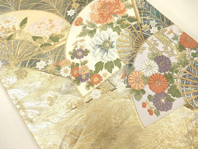 平和屋着物◎西陣　六通柄袋帯　唐織　扇面花文　金銀糸　正絹　逸品　DABH5869ya