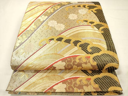 平和屋着物◎佐賀錦　両面　六通柄袋帯　立波花文　金糸　正絹　逸品　DABH5878ya