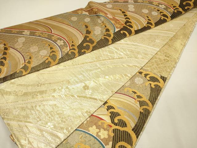 平和屋着物◎佐賀錦　両面　六通柄袋帯　立波花文　金糸　正絹　逸品　DABH5878ya