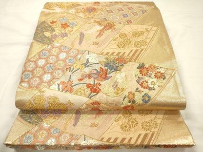 平和屋着物◎六通柄袋帯　唐織　冊子鴛鴦花文　金糸　正絹　逸品　DABH5882ya