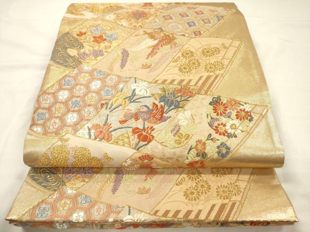 平和屋着物◎六通柄袋帯　唐織　冊子鴛鴦花文　金糸　正絹　逸品　DABH5882ya